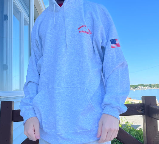 Pull Over - Hooded Sweatshirt Gray with Retro Logo and American Flag