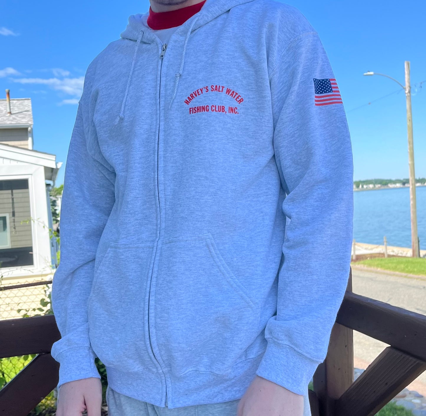 Zip Up  Hooded Sweatshirt Gray with Retro Logo and American Flag