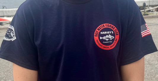 Navy Harveys Logo with American Flag and Flounder short Sleeve shirt